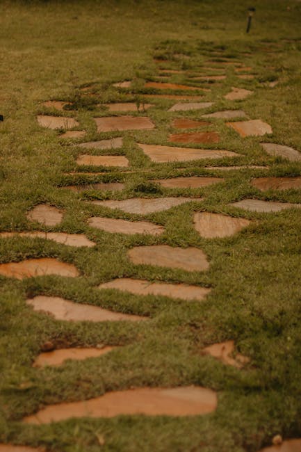 A winding garden pathway composed of irregularly shaped, reddish-brown stone slabs set into lush, slightly overgrown green grass. The stones are spaced unevenly, with patches of grass thickly filling 